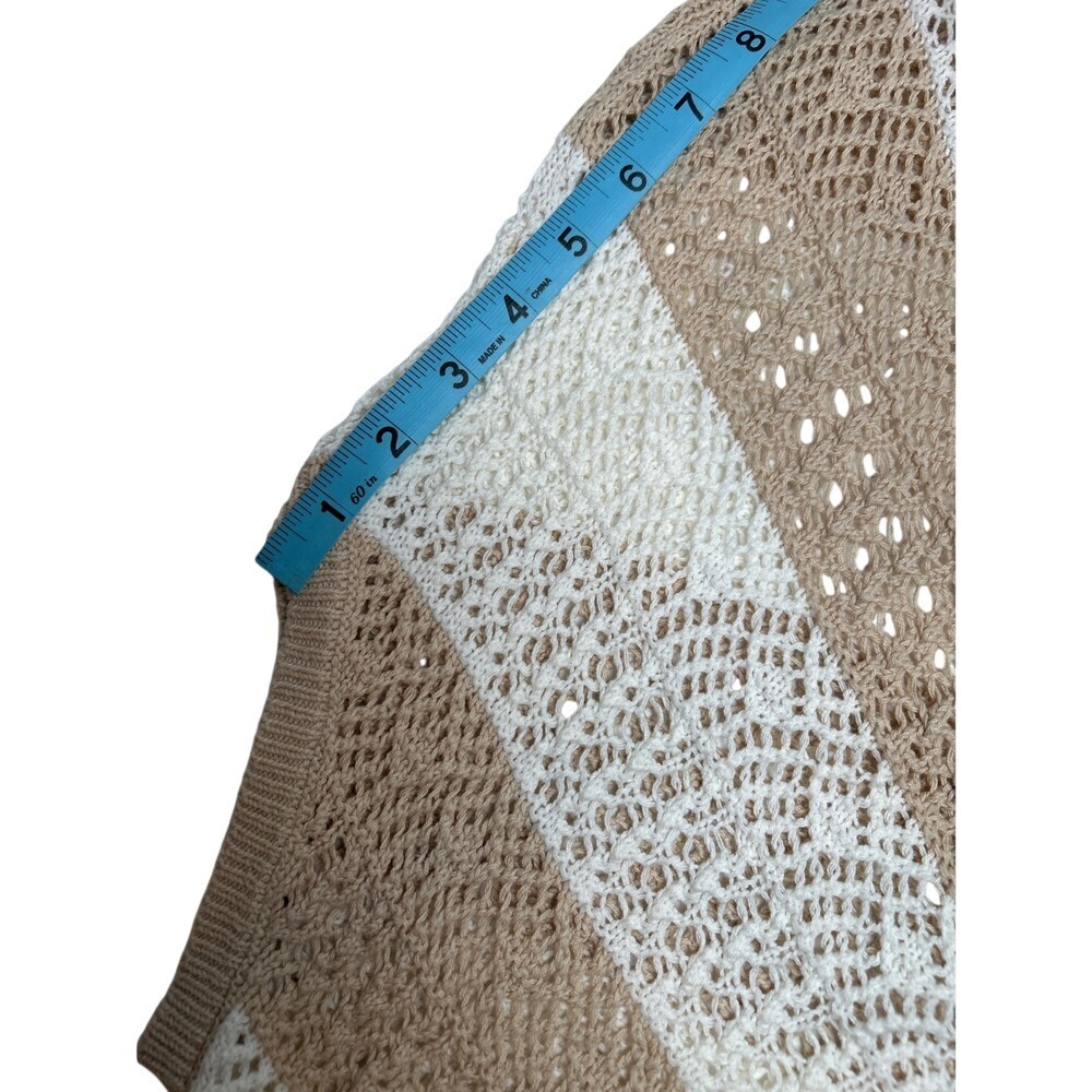Boho Tan White Open Knit Chevron Sweater Women's Size Small Crochet Cottagecore - Picture 6 of 7